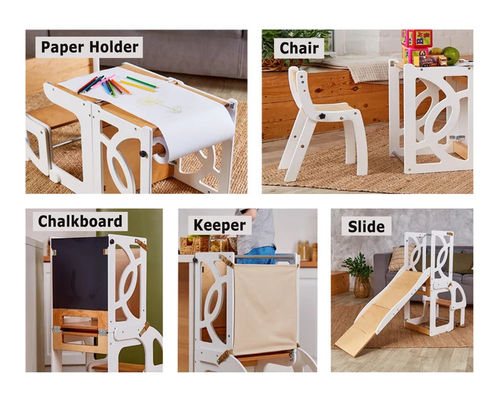 Bambini di legno cucina scaffale passo convertibile Torre Bambino Tavolo 7 in 1 Sedile e scivolo