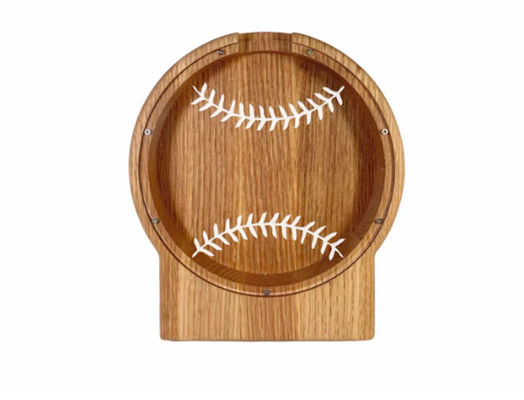 Logo personalizzato Piggy Bank di legno Bambini Risparmio sportivo Tematica di baseball colore semplice