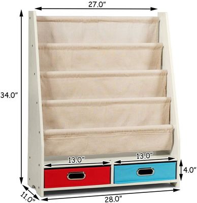 Arredamento per soggiorno Organizzatore di librerie in legno con 4 scaffalature e 2 scatole per giocattoli estraibili
