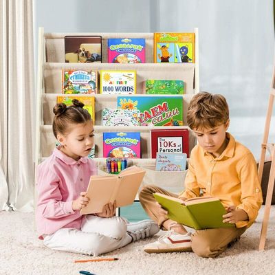 Arredamento per soggiorno Organizzatore di librerie in legno con 4 scaffalature e 2 scatole per giocattoli estraibili