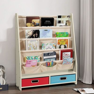 Arredamento per soggiorno Organizzatore di librerie in legno con 4 scaffalature e 2 scatole per giocattoli estraibili