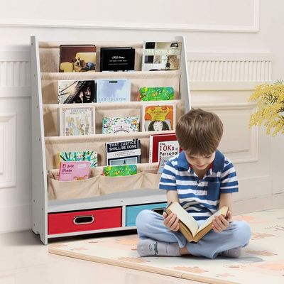 Arredamento per soggiorno Organizzatore di librerie in legno con 4 scaffalature e 2 scatole per giocattoli estraibili