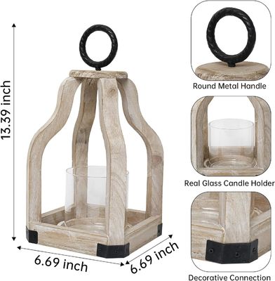 Decorazione di patio esterno Lanterna di candela di legno con porta candela di vetro Stampa bruciata