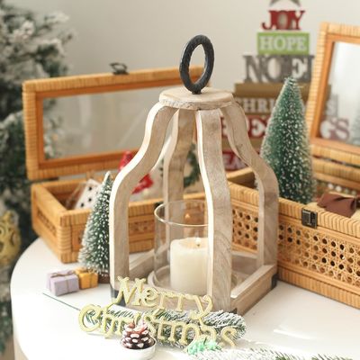Decorazione di patio esterno Lanterna di candela di legno con porta candela di vetro Stampa bruciata