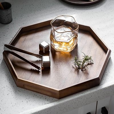 Tavolo di servizio in legno di noce di acciaio a forma rotonda ottagonale 30x20x3 cm con stampa a fuoco