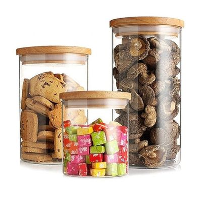 Contenitore di vetro borosilicato di spessore alimentare sigillato con coperchio di bambù per spezie di zucchero di riso