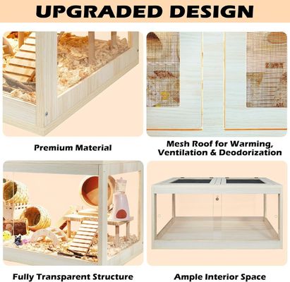 Gabbia per criceti in legno con tetto apertabile e fogli acrilici