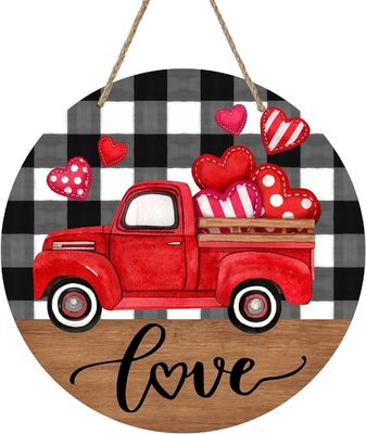 Aggiungi amore alla tua casa casa di campagna Red Truck Hearts Legno porta per San Valentino
