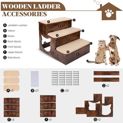 3 piani di legno per cani scale in legno massello gradini per animali domestici con cuscinetti antiscivolo e tappeto lavabile