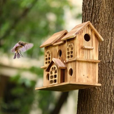 Casa di uccelli in legno appesa a mano Nido di criceto per giardino Stampa bruciata