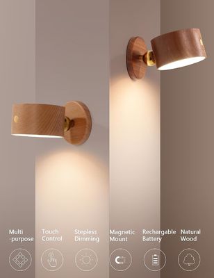 Lampade da parete LED 360 rotazione attenuazione ricaricabile senza fili a batteria azionato Sconce di legno