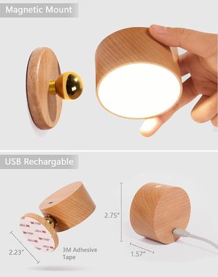 Lampade da parete LED 360 rotazione attenuazione ricaricabile senza fili a batteria azionato Sconce di legno