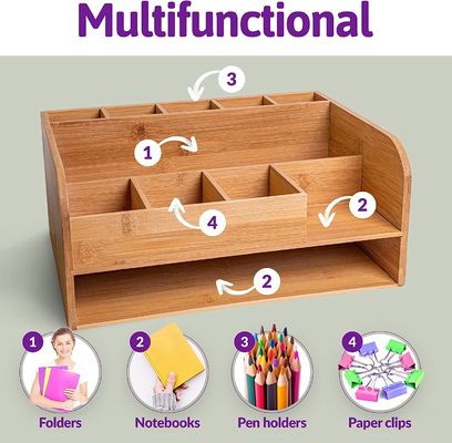 Organizzare gli articoli per ufficio con organizzatore di scrivania in legno di bambù e archiviazione dei file Logo personalizzato