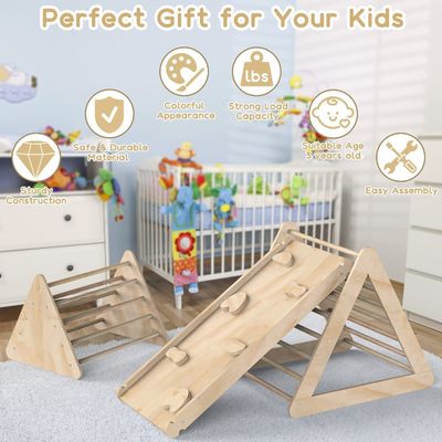 Scala triangolare di arrampicata in legno unisex con rampa e finitura macchiata per bambini piccoli