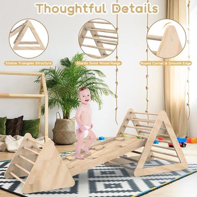 Scala triangolare di arrampicata in legno unisex con rampa e finitura macchiata per bambini piccoli