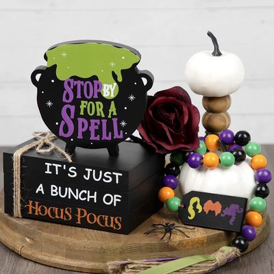Decorazioni per Halloween ecocompatibili Bambini Hocus Pocus Decorazioni a vassoio a tre livelli Set di 3 legni