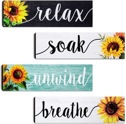 Decorazione del muro del bagno Targa rustica in legno con design a girasole Rilassati, immergiti, rilassati Respira