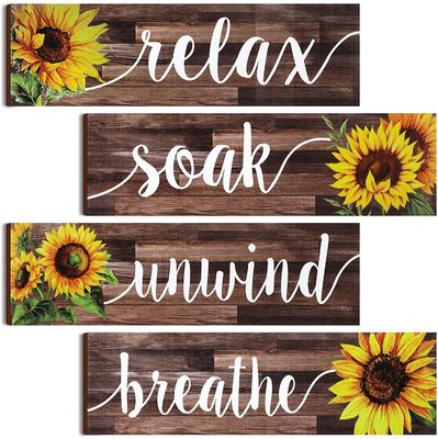 Decorazione del muro del bagno Targa rustica in legno con design a girasole Rilassati, immergiti, rilassati Respira