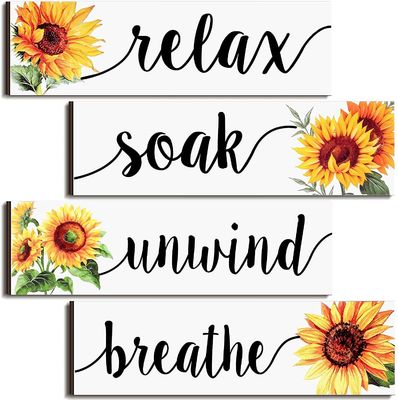 Decorazione del muro del bagno Targa rustica in legno con design a girasole Rilassati, immergiti, rilassati Respira