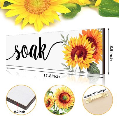 Decorazione del muro del bagno Targa rustica in legno con design a girasole Rilassati, immergiti, rilassati Respira