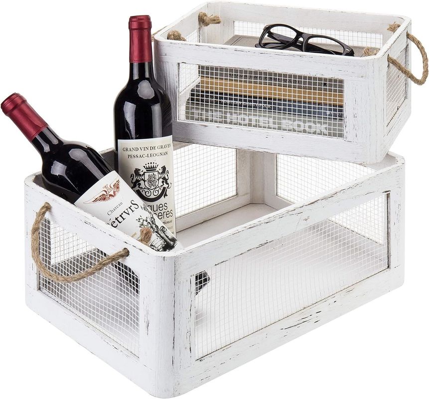 Scatola di stoccaggio in legno bianco multifunzionale con maniglie e pannelli laterali di filo di maglia