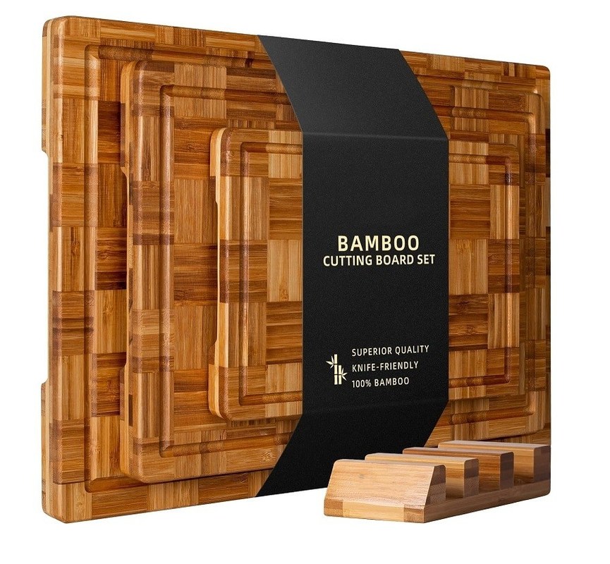 Set sostenibile di 3 tavole da taglio di bambù personalizzate con scanalatura di succo di grandi dimensioni