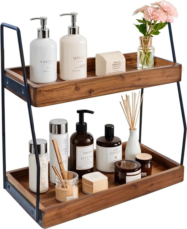 Piegato Sì Acacia 2 livelli organizzatore bagno Mensola di ripostiglio in legno per cucina bagno