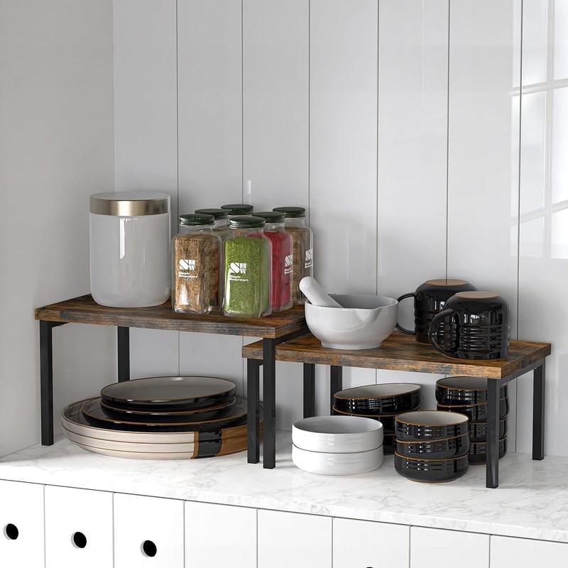 Disponibile OEM ODM Set di 2 scaffali espandibili in marrone rustico per risparmiare spazio