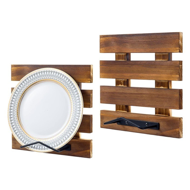 Dimensioni personalizzate Rustico in legno massello bruciato e nero in metallo Wire Wall Mounted Plate Display Rack