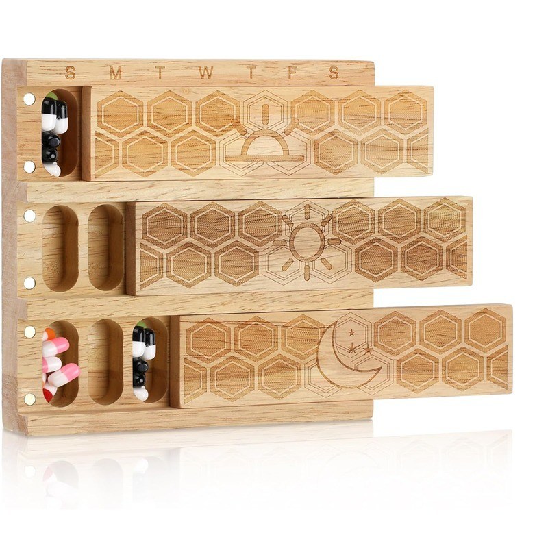 Compatto Legno Organizzatore settimanale di pillole Portatore Dispensatore giornaliero di pillole Sortatore di pillole Contenitori