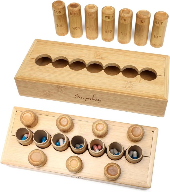 Cassa per pillole di design ecologico per vitamine Pillole e integratori in scatola di bambù