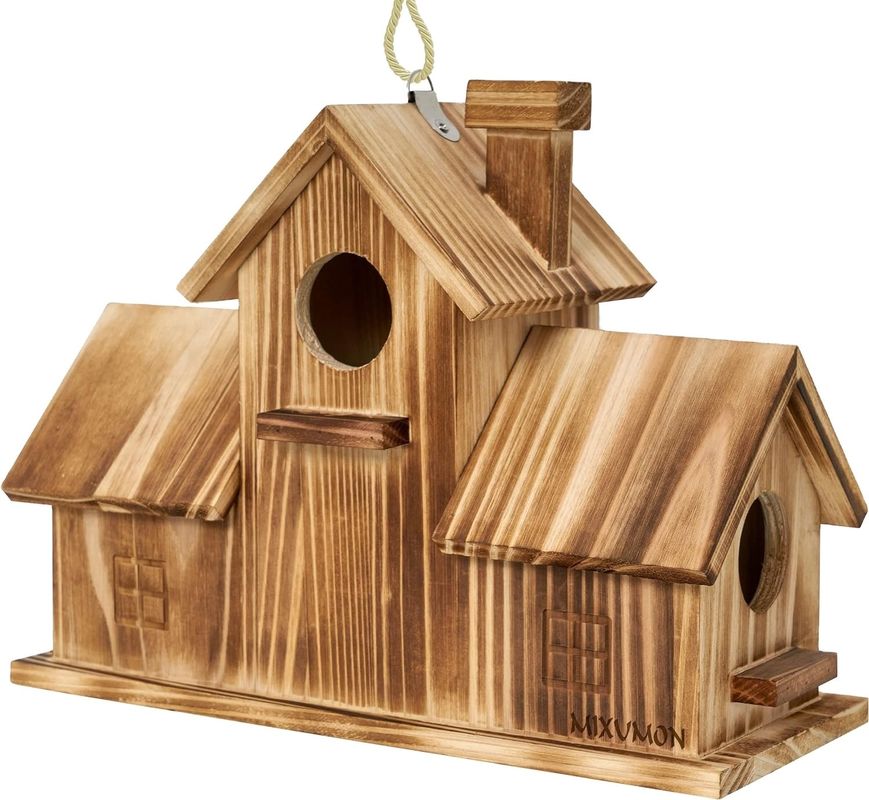 Casa per uccelli in legno a 3 buchi in esterno fatta a mano con legno per l'habitat del giardino