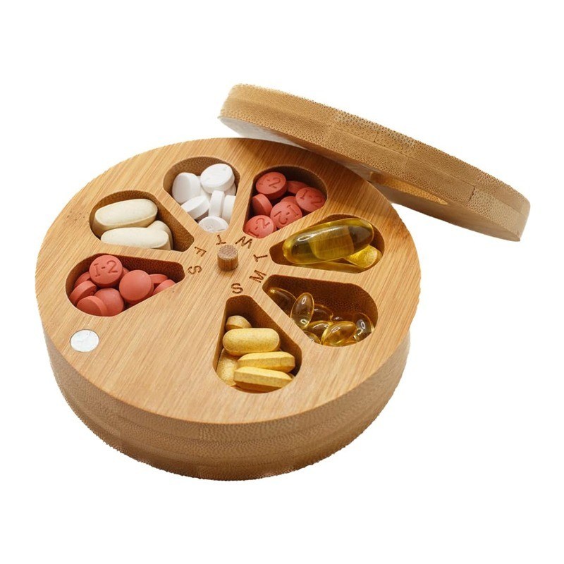 202405 Legno Organizzatore di pillole per il viaggio giornaliero-settimanare e portapillole Vitamina Medicina Case Box