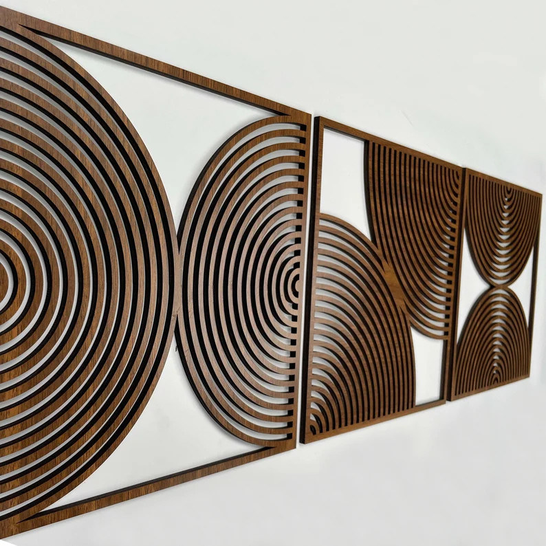 Set di 3 Boho Home Gift Large Wood Wall Art con stile moderno di metà secolo e logo personalizzato