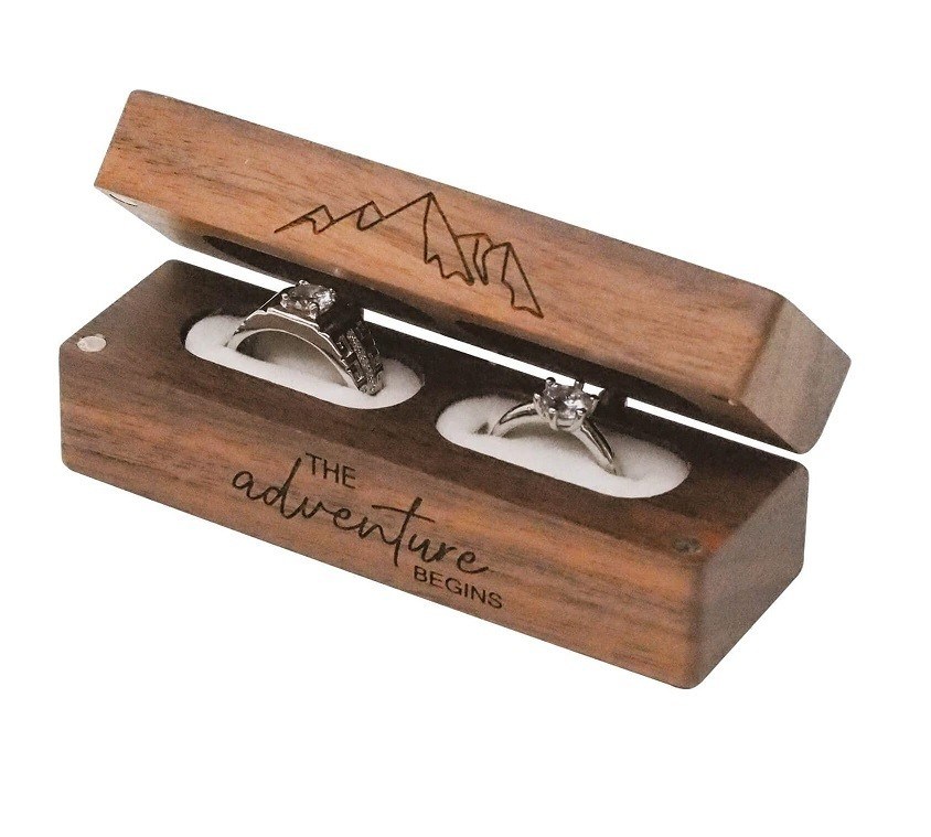 Rustico Vintage Legno Massello Rettangolo Gioielli 2 Ring Box con incisione in legno