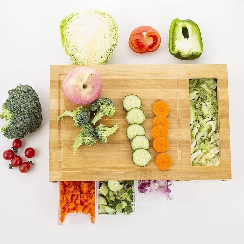 Tavolo da taglio di bambù rettangolare con vassoio da 4 contenitori Tavolo da taglio di legno da cucina
