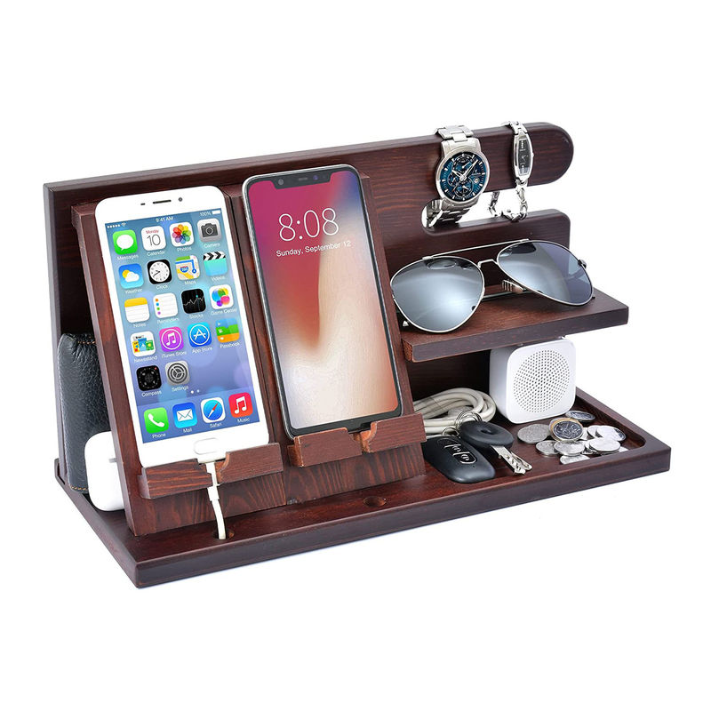 Logo personalizzato Organizzatore di telefonino in legno per uomini Portafogli Orologio Docking Station