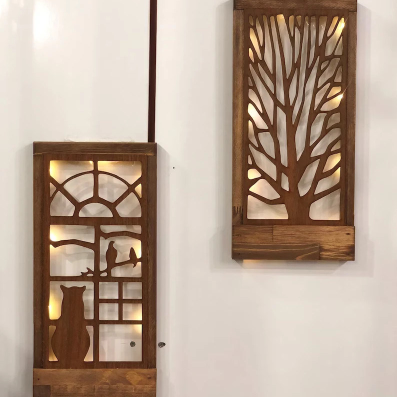 Decorazione murale a LED in legno artigianale per camera da letto