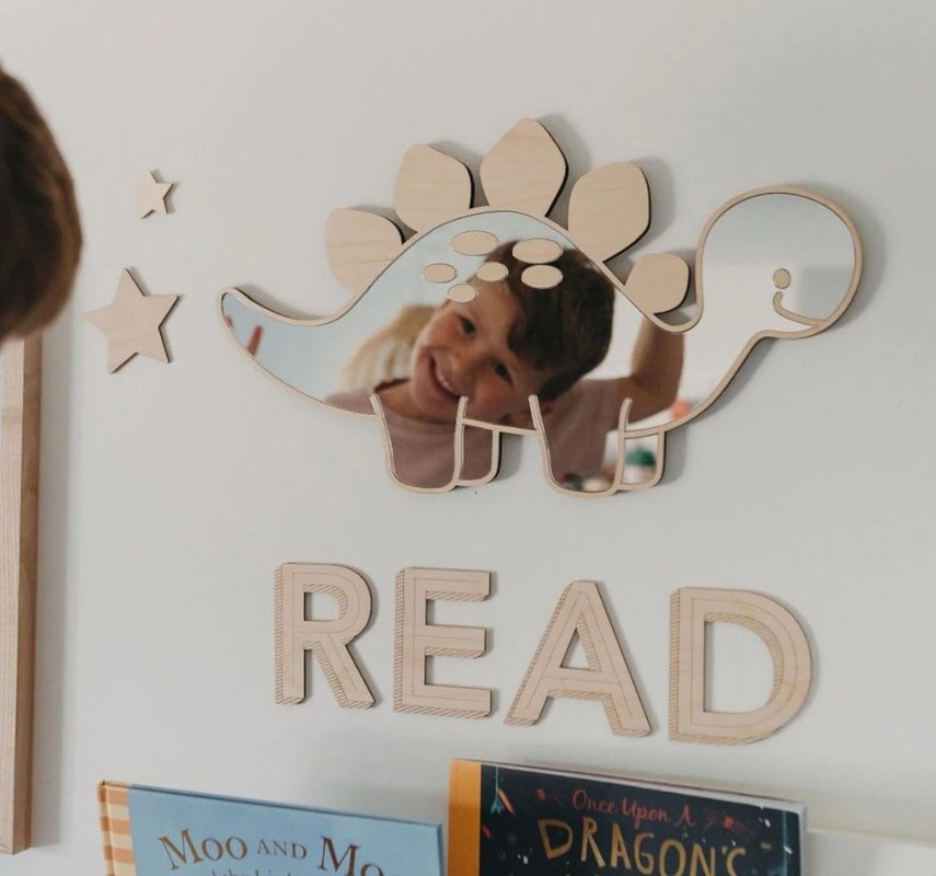 Logo personalizzato In legno a forma di dinosauro specchio a telaio con telaio in legno e legno