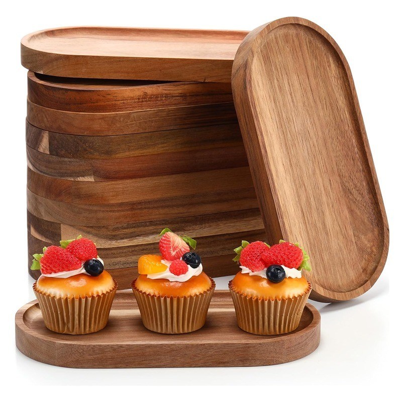 Piatto di legno ovale da 10 pollici con rivestimento di olio vegetale e colore di legno naturale