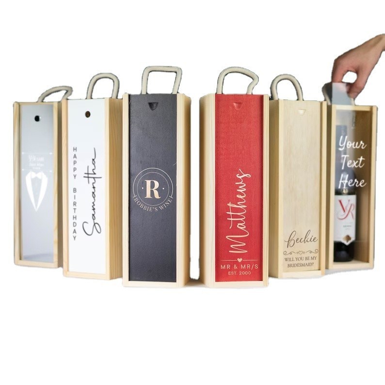 Ordine personalizzato accettato scatola di vino in legno con incisioni acriliche e coperchio scorrevole