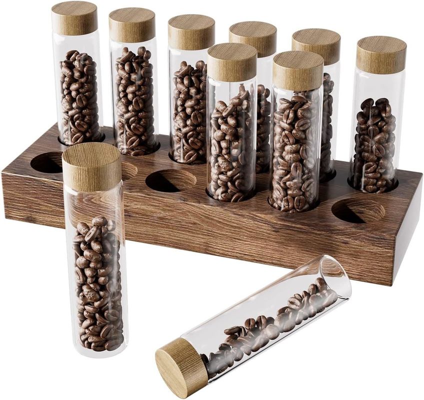 Contenitore per il deposito di chicchi di caffè in legno versatile con tubo per singola dose e supporto per portacaffè