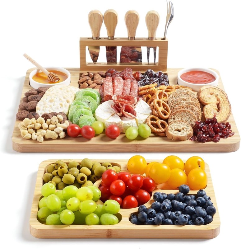 Tabella di formaggio di bambù e set di coltelli per il taglio della cucina Stampatura di stoccaggio incisione laser