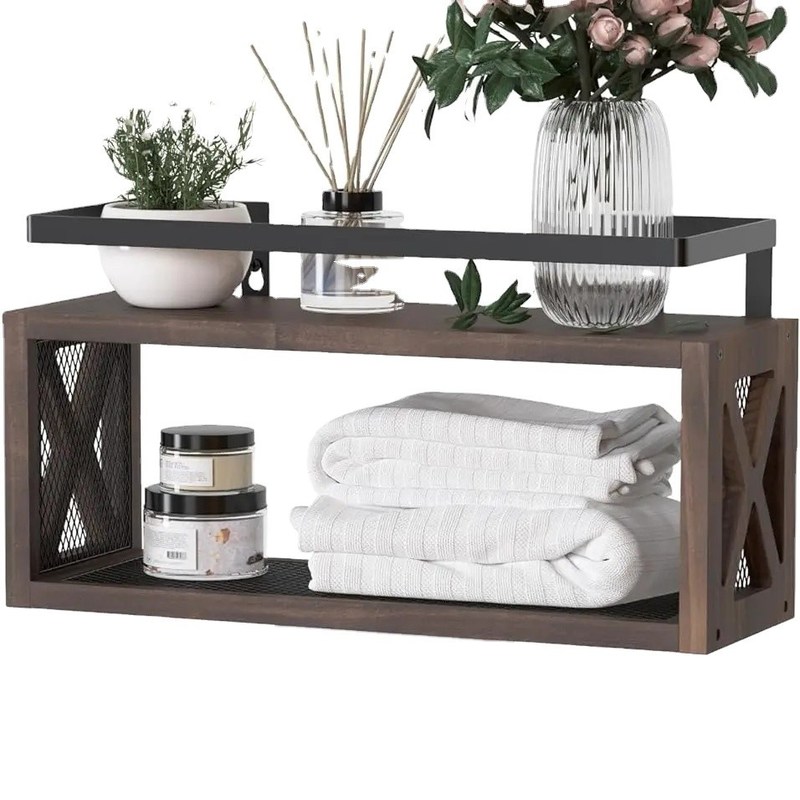 Risparmia spazio con ripiani di legno galleggianti e corrimano in stile agriturismo rustico marrone