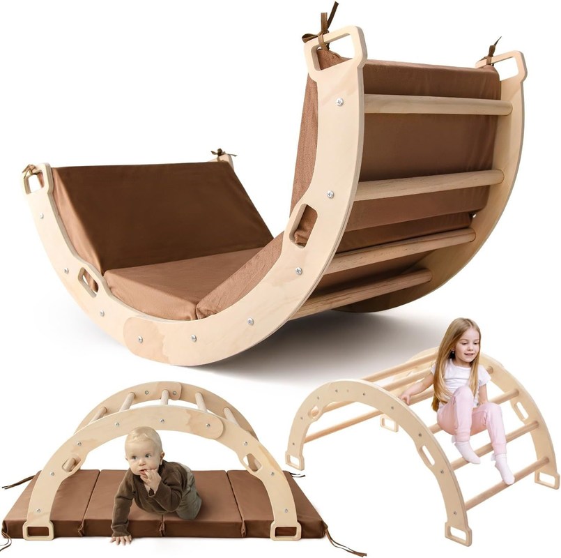 Montessori Arco di legno Climber Bambini giocattolo di arrampicata con cuscino e design a dondolo