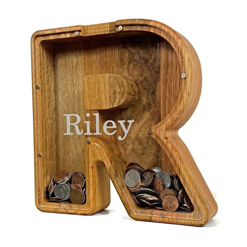 Requisito del cliente Lettere inglesi in legno creativo Piggy Bank con vetro trasparente
