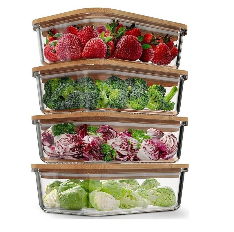 Contenitori di 4 pacchetti di vetro per la conservazione degli alimenti con coperchi in bambù