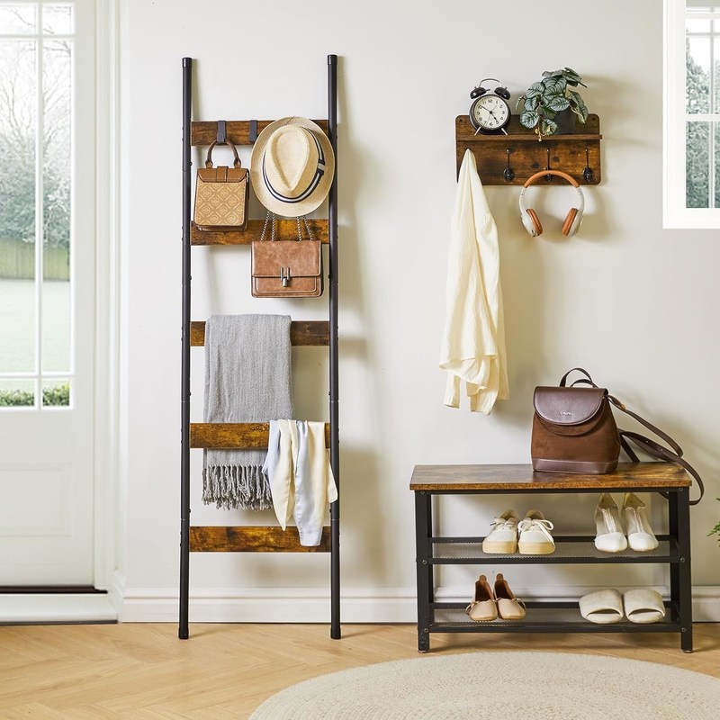 202405 Scale per coperte da bagno, porta metallo inclinato a parete con ganci e stampa bruciato