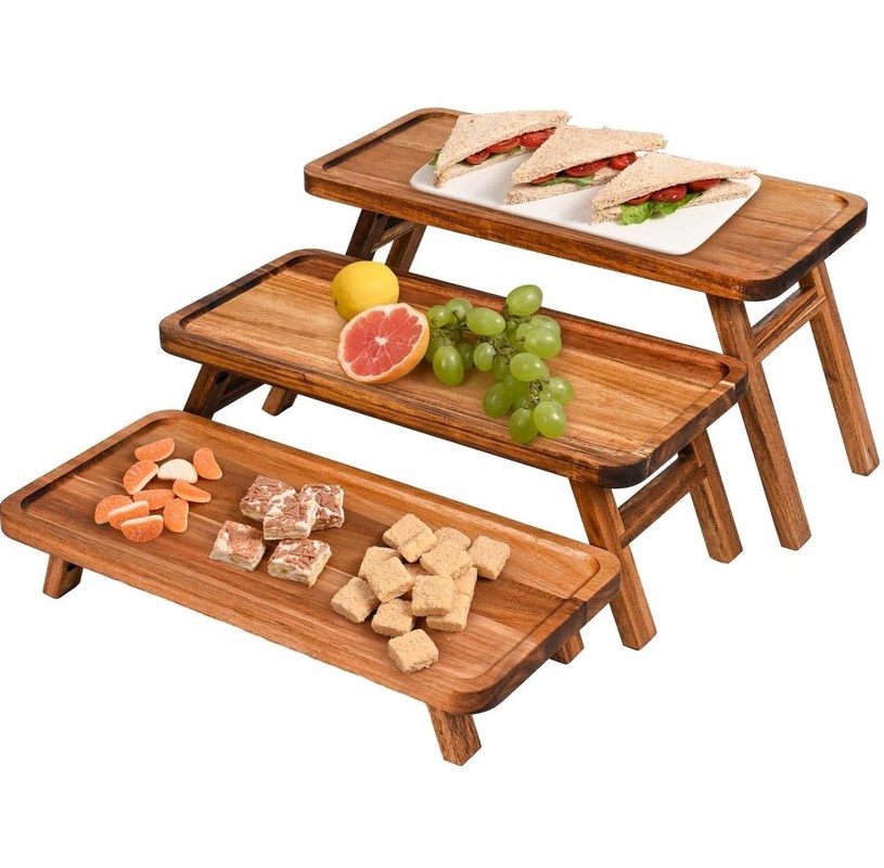 3 Tier Legno Cupcake Torre di visualizzazione Stand Acacia Legno pieghevole Serving Tray per parte
