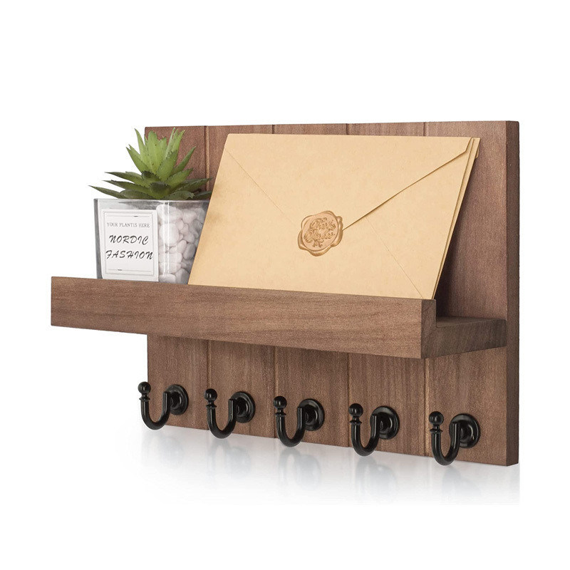 Tenitore chiavi in legno con 4 ganci per chiavi e scaffale galleggiante montato a parete
